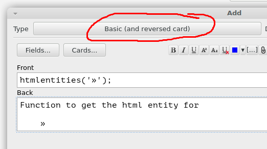 Selecting the reversed card type
